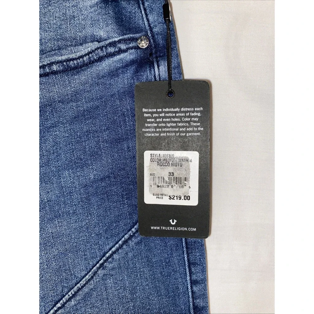 True Religion 33x32 Men's Rocco Moto Relaxed Skinny Denim Jeans Ribbed‎ NWT